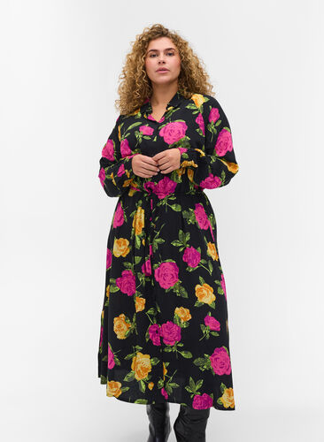 Gebloemde viscose maxi jurk met knoopsluiting, Black Flower AOP, Model image number 0