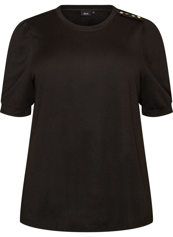Blouse met knoopdetail en korte pofmouwen, Zwart, Packshot image number 0
