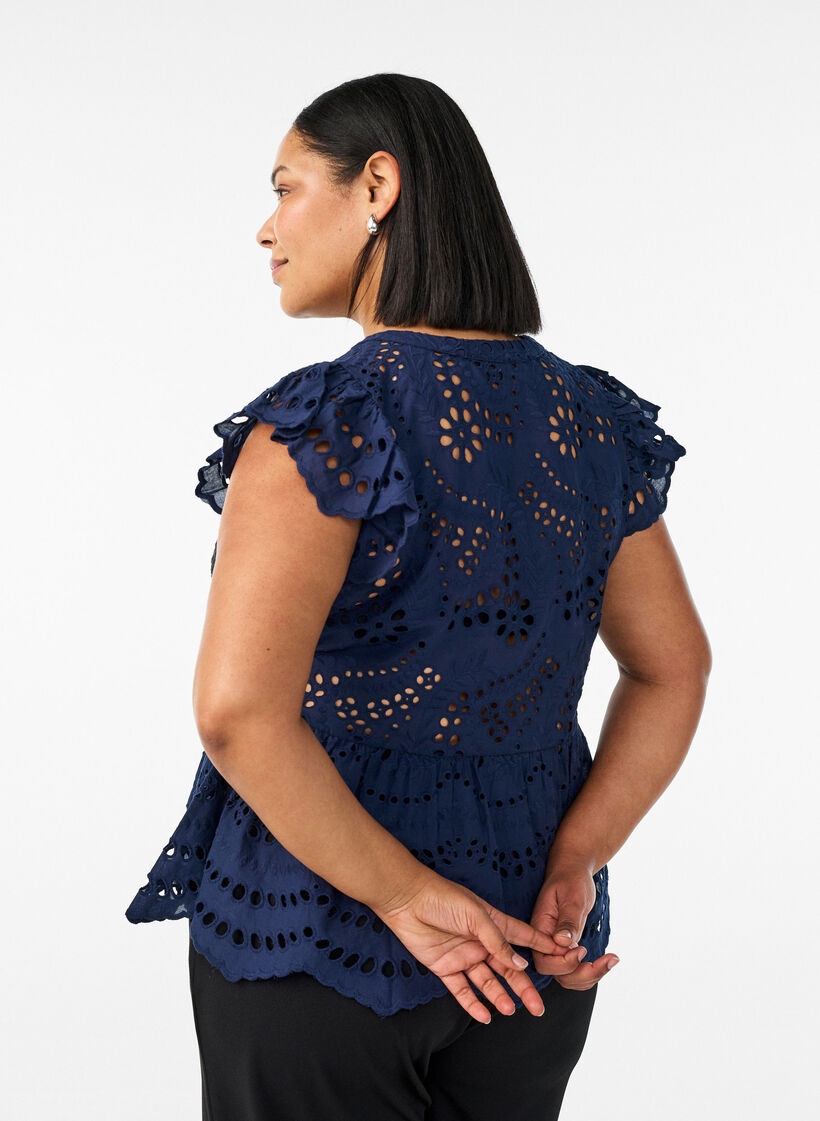 Mouwloze blouse met broderie anglaise en ruches, Blauw, Model image number 2
