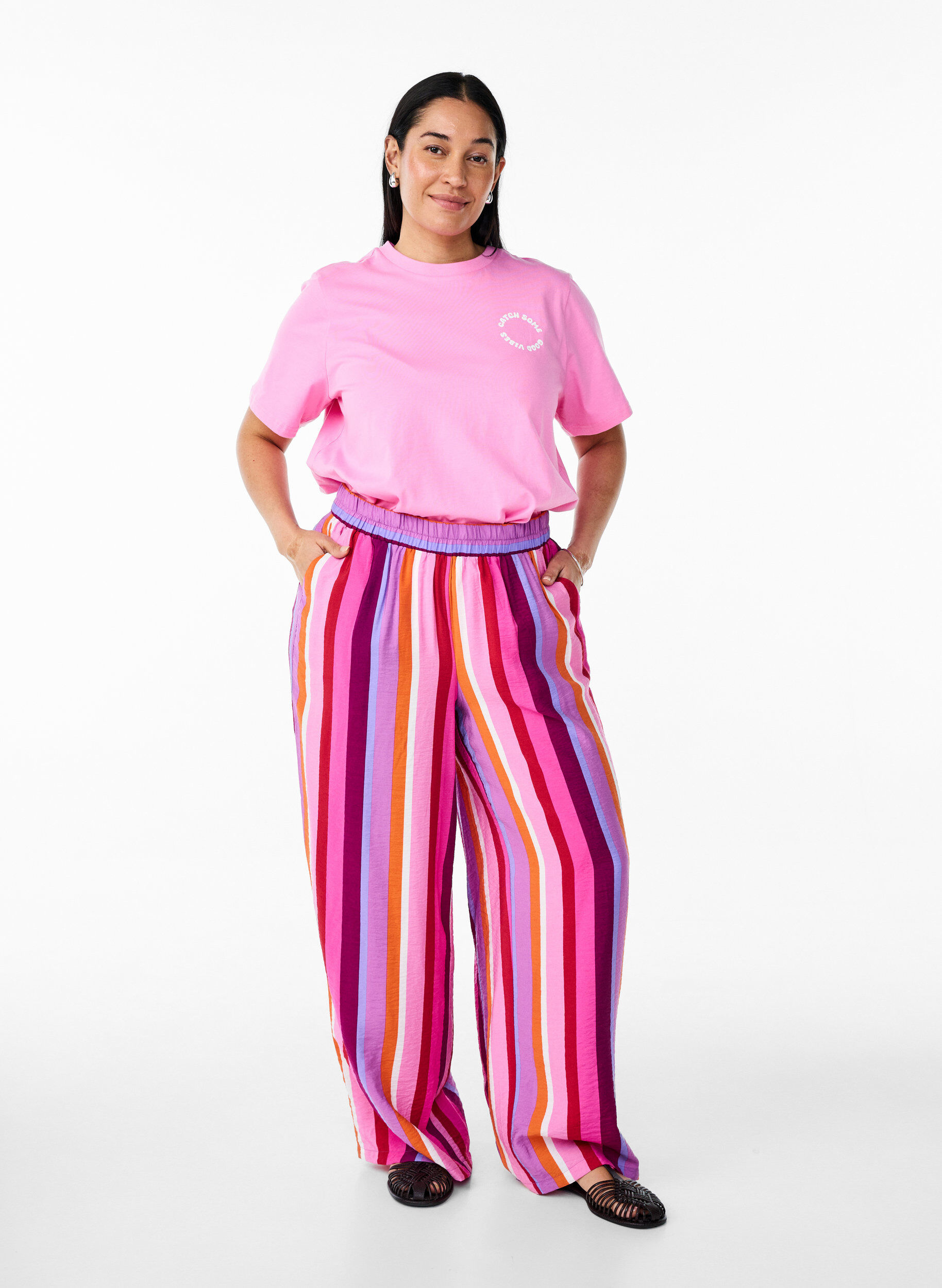 ZizziBiologisch katoenen T-shirt met tekstmotief, Roze, Model image number 1