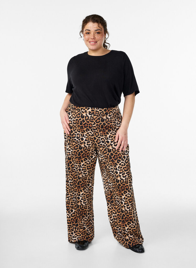 Luipaardprint broek met straight-fit, Bruin, Model image number 0
