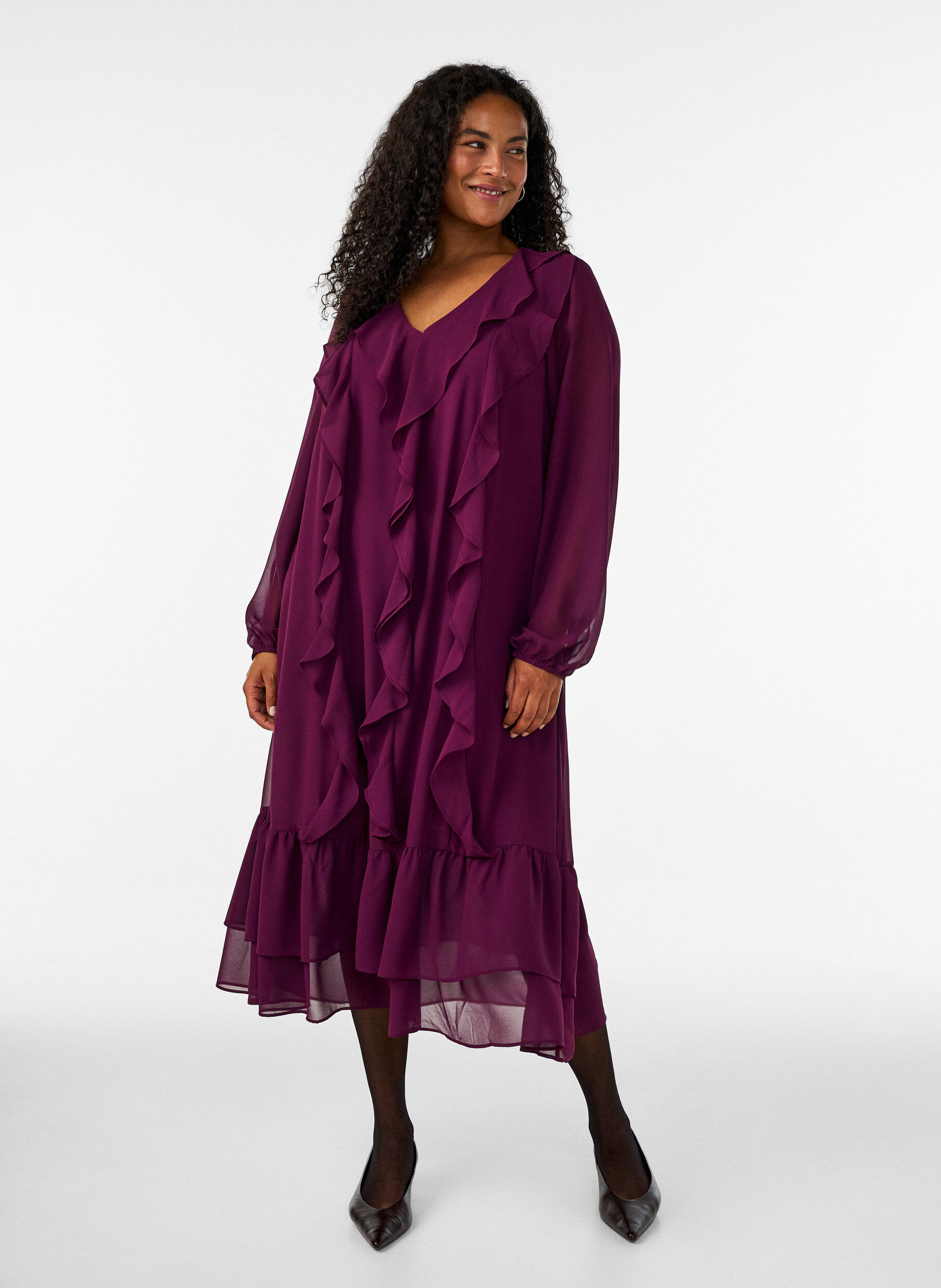 Jurk met ruches en V-hals, Rood, Model