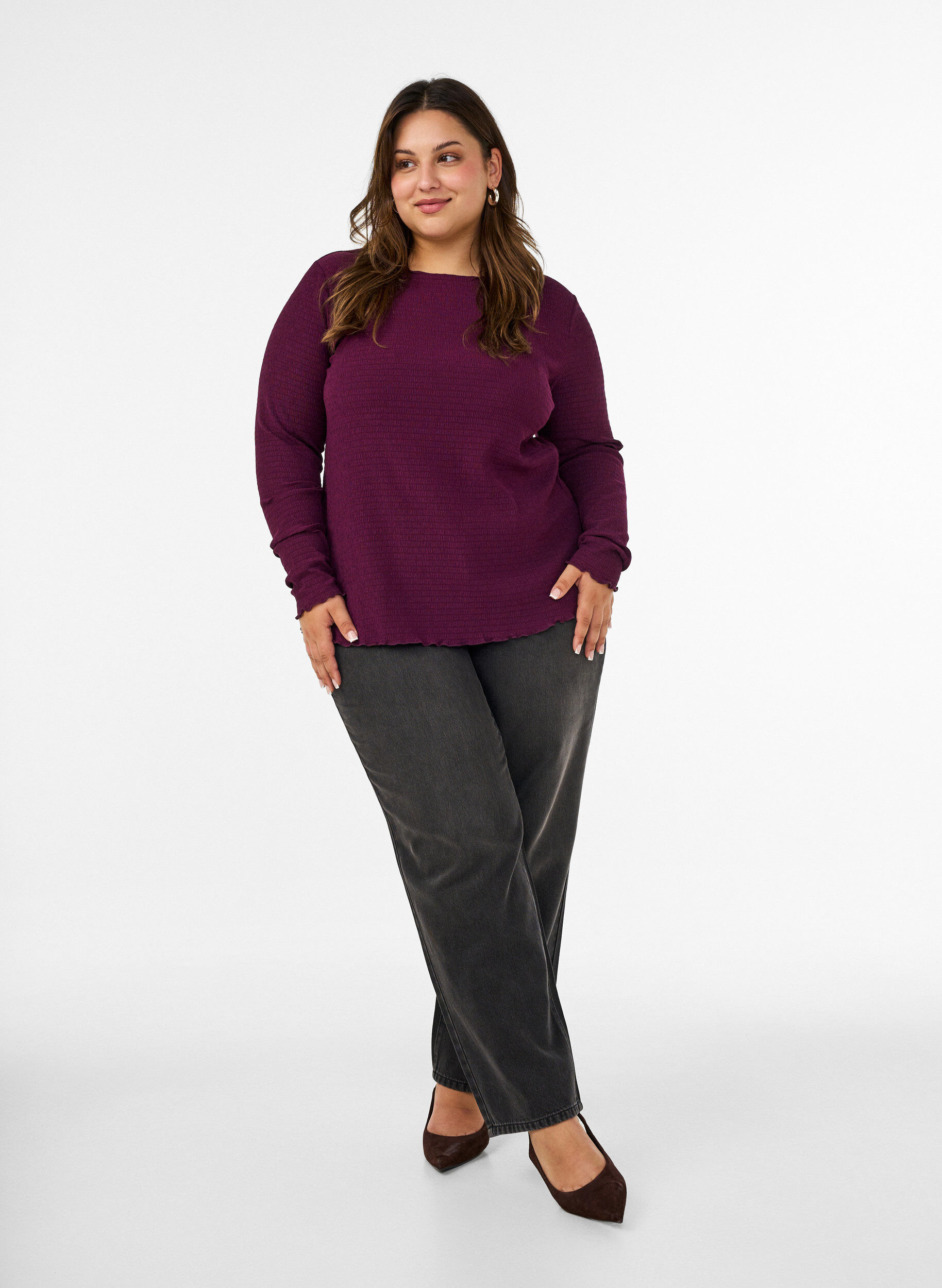 ZizziBlouse met structuur en golvende randen, Paars, Model image number 1