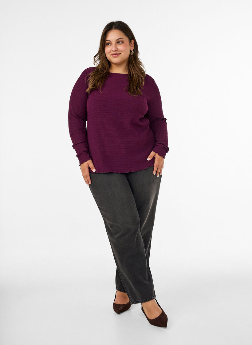 Blouse met structuur en golvende randen, Paars, Model image number 1