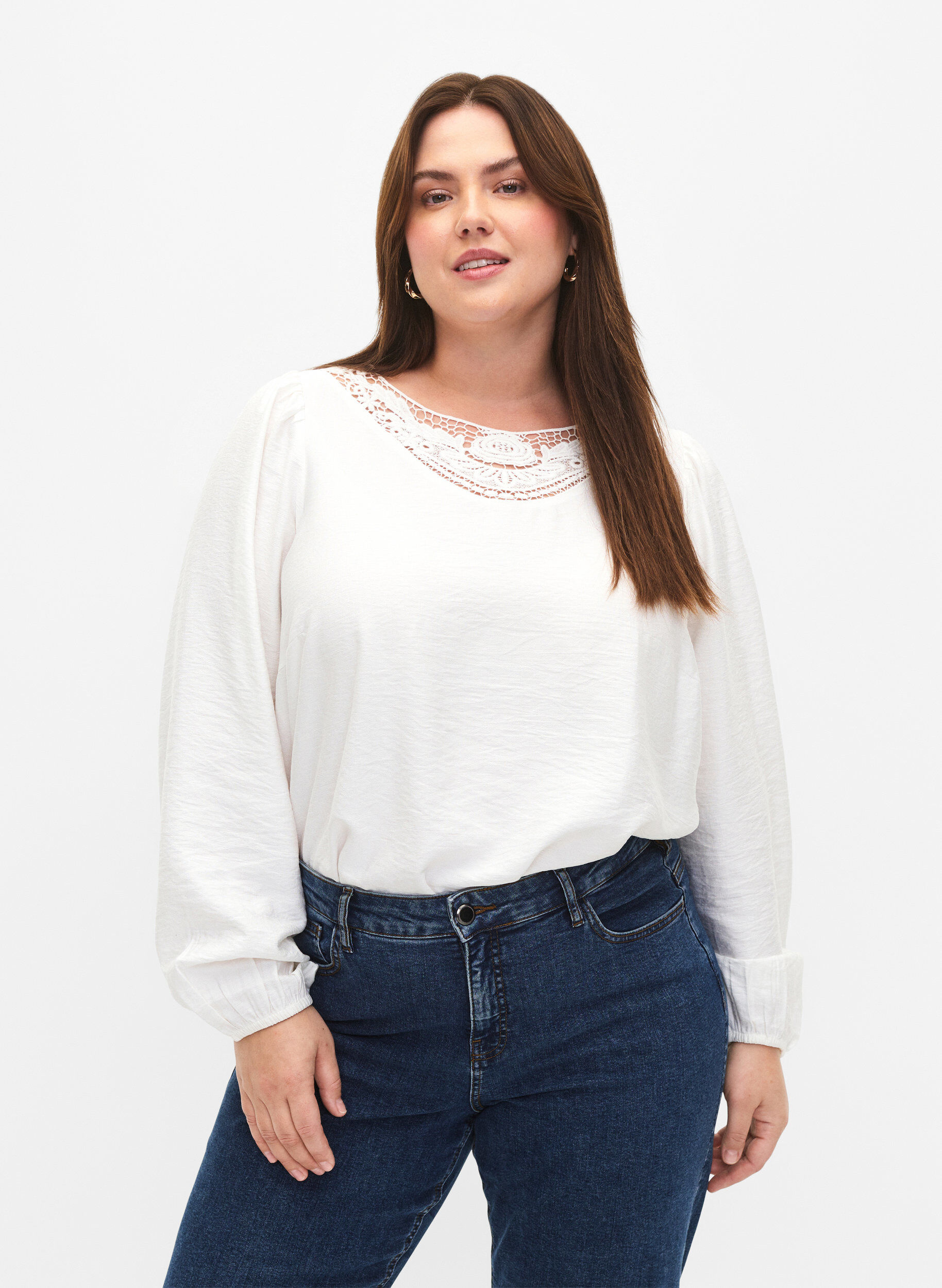 Zizzi Blouse van viscose met gehaakt detail, Bright White, Model image number 0