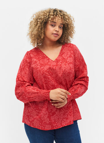 V-hals blouse met smock, Ribbon Red AOP, Model image number 0