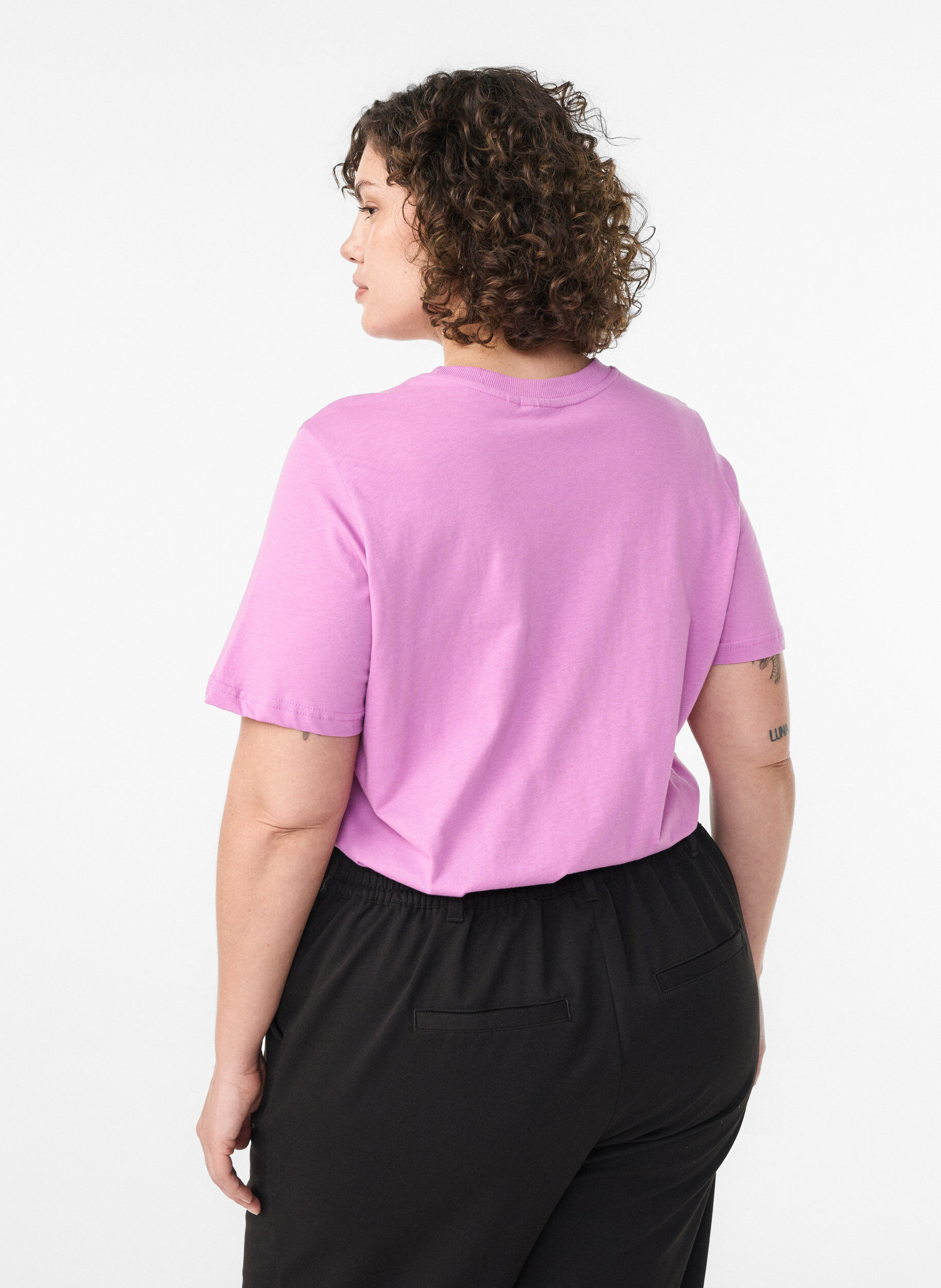ZizziBasic katoenen T-shirt met ronde hals, Paars, Model image number 2