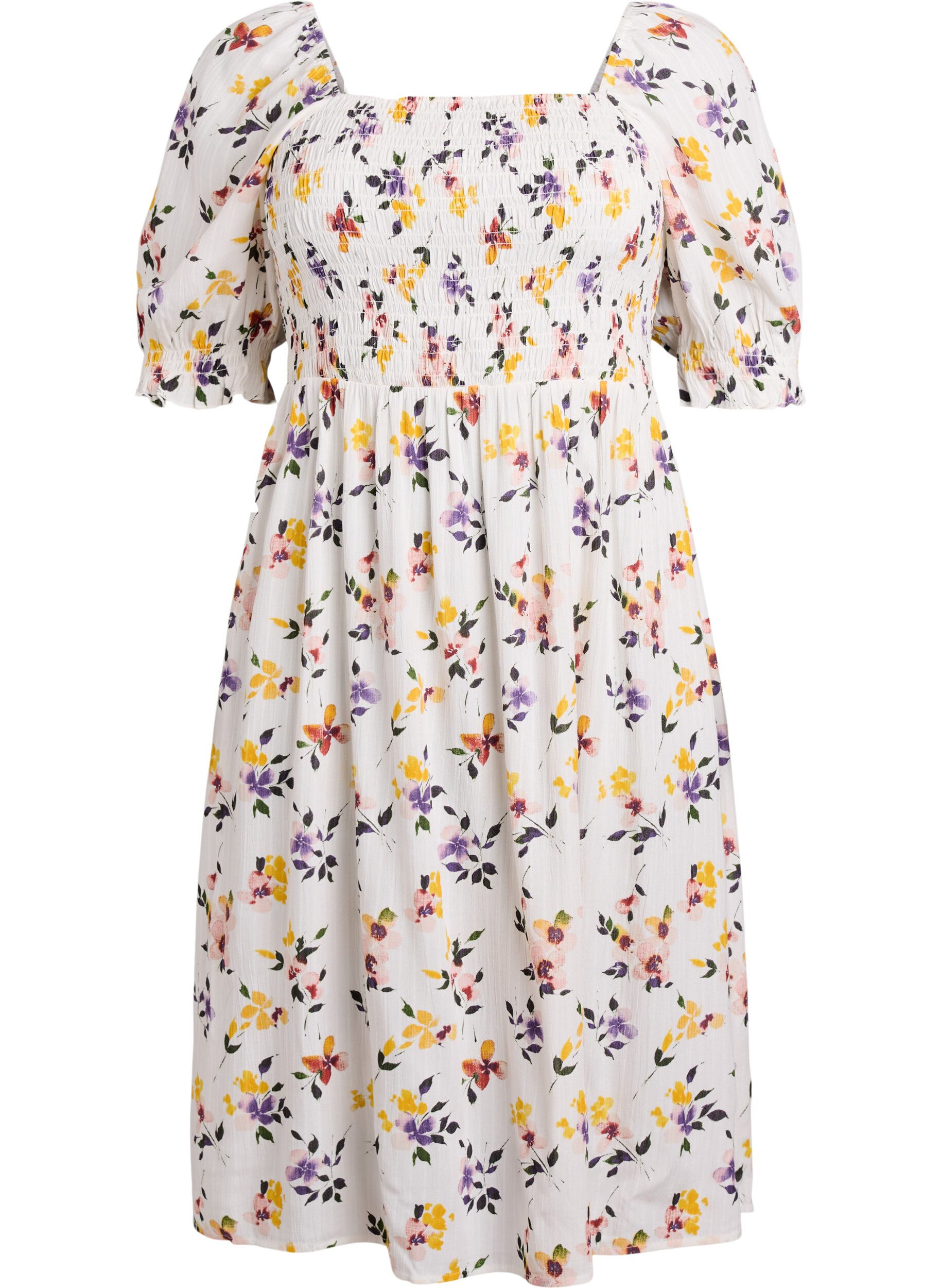 ZizziGebloemde viscose midi-jurk met smock, Wit, Packshot image number 0