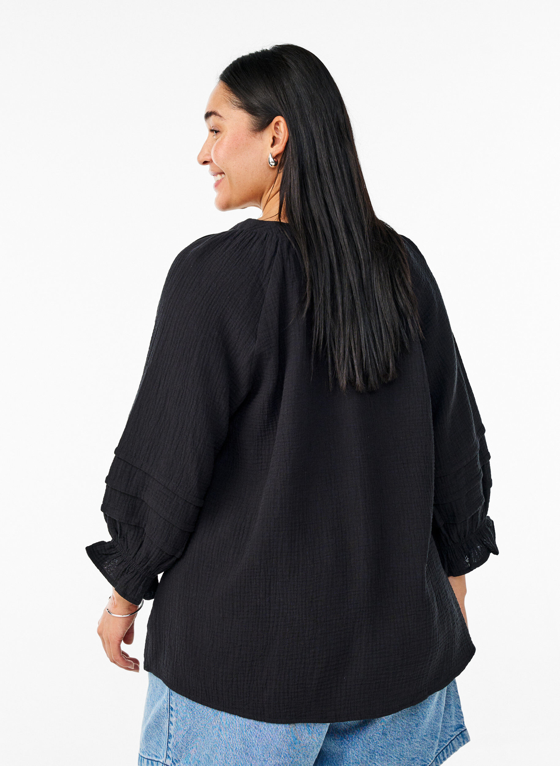 Zizzi Katoenen mousseline blouse met 3/4 mouwen, Black, Model image number 1