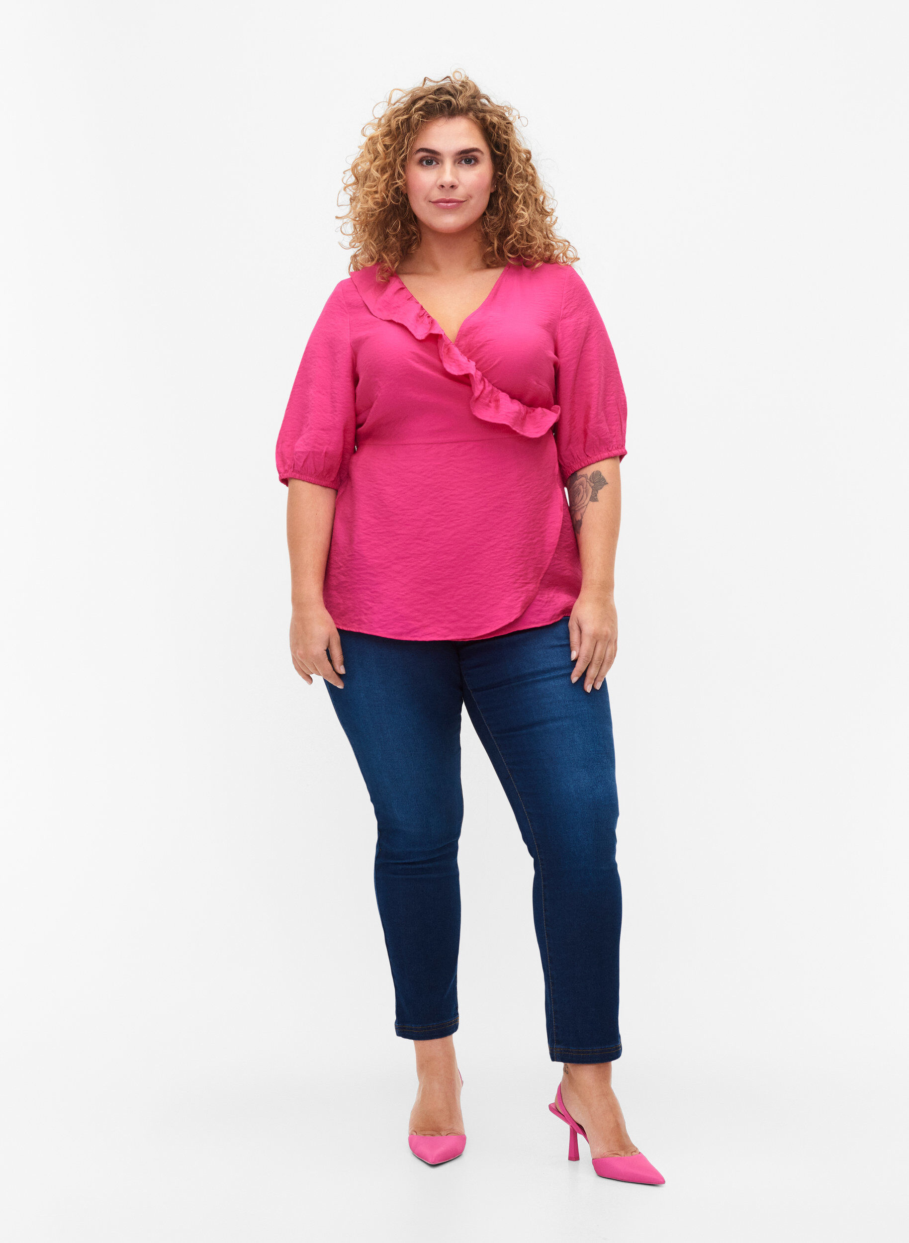 Zizzi Wikkelblouse van Viscose met korte mouw, Beetroot Purple, Model image number 2