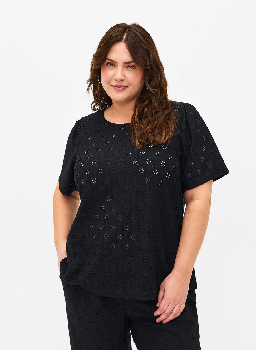 Blouse met korte mouwen en gaatjespatroon, Black, Model image number 0
