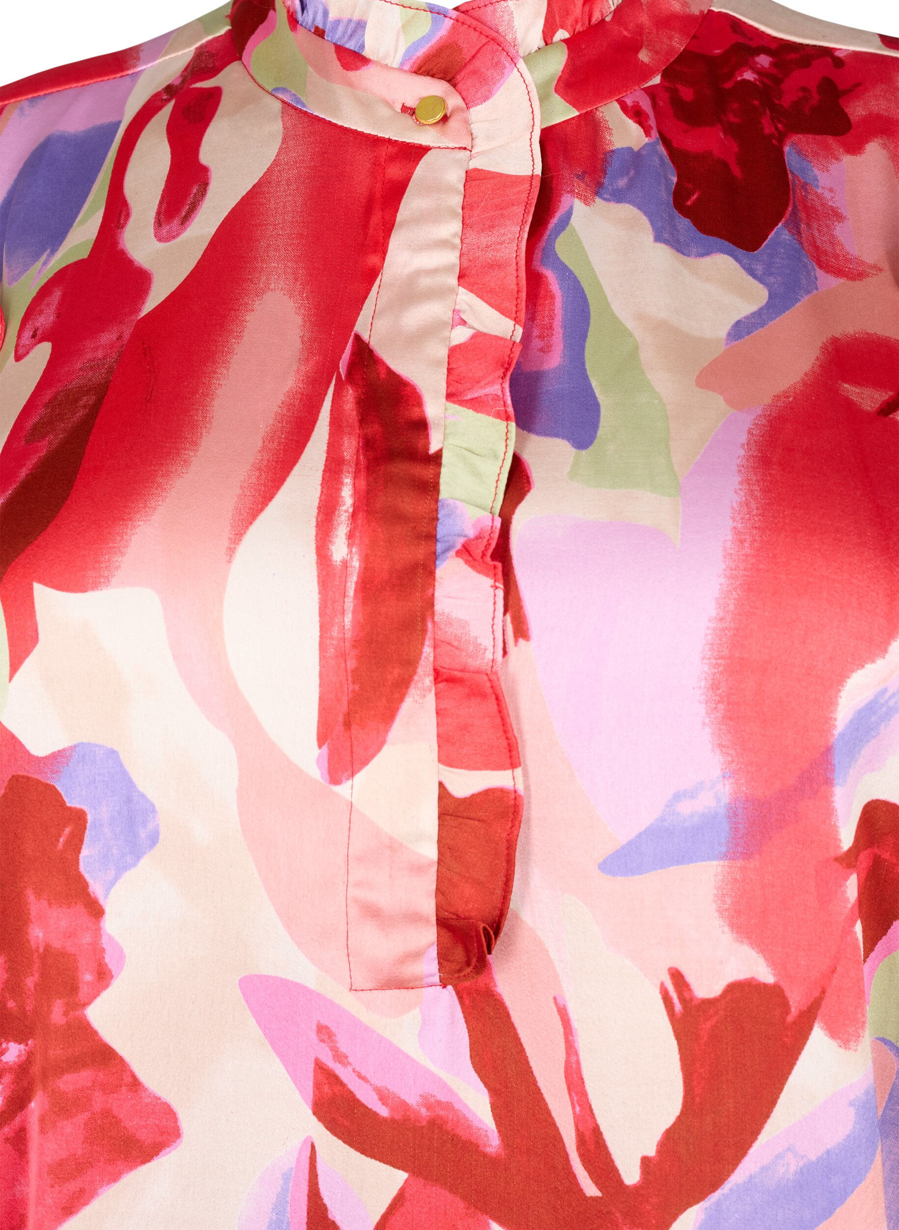 Zizzi Satijnen shirtblouse met print en ruches, Geranium Graphic AOP, Packshot image number 2