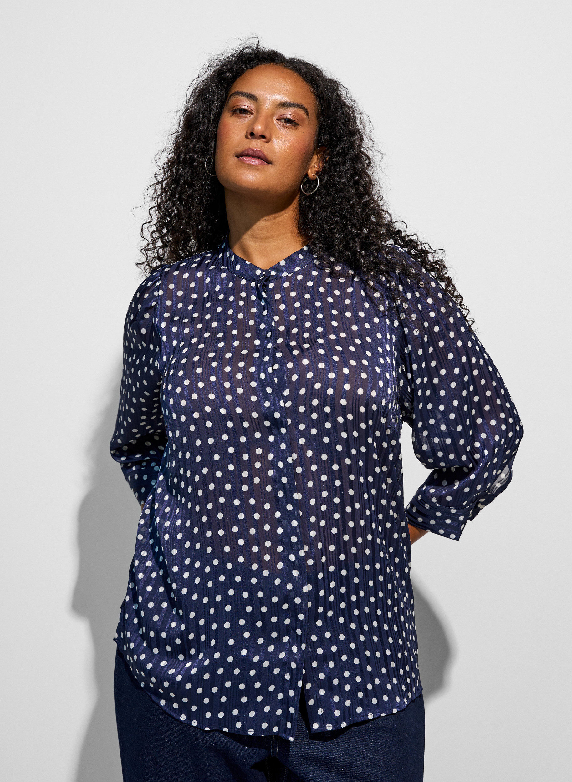 ZizziBlouse met patroon, opstaande kraag en 3/4-mouwen, Blauw, Model image number 3