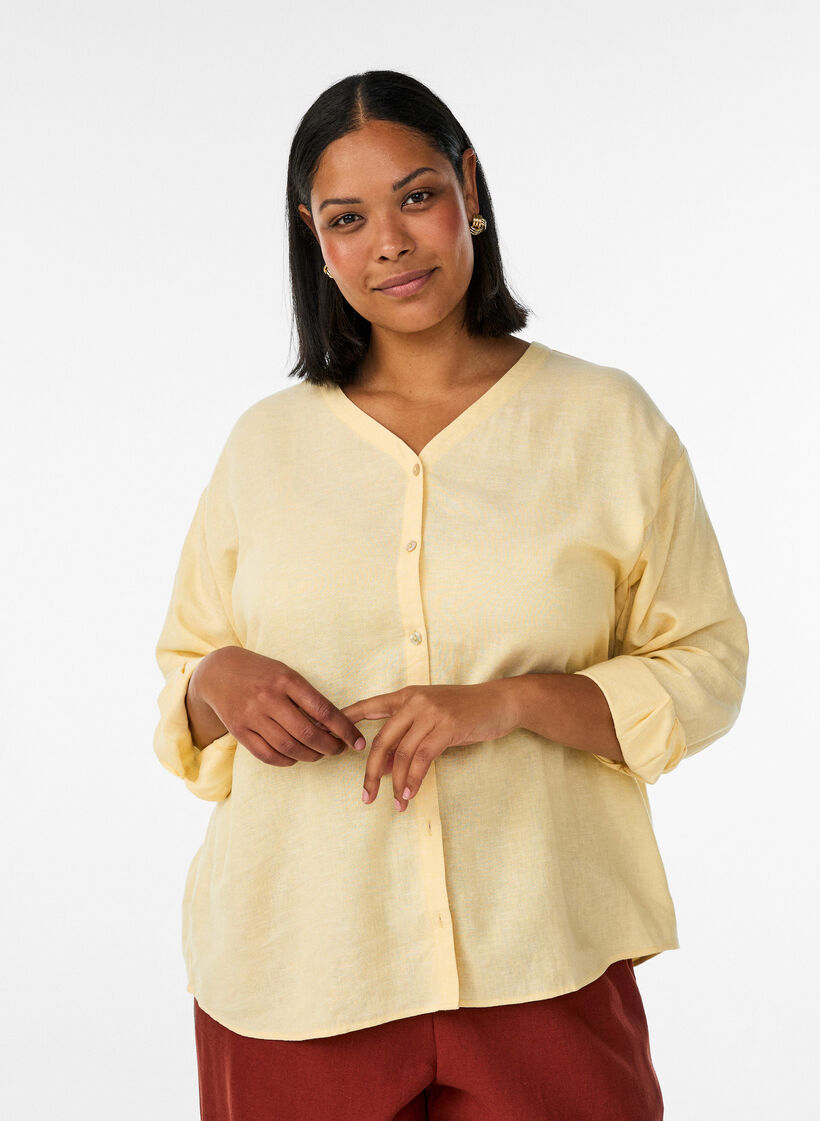Blouse in linnen en viscose met V-hals, Geel, Model image number 0