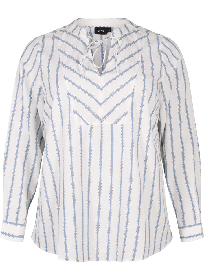 Gestreepte blouse met strikdetail, Wit, Packshot image number 0