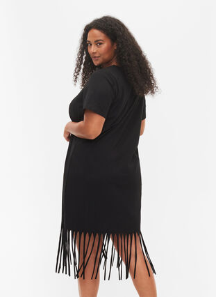 Katoenen jurk met korte mouwen en franje, Black, Model image number 1