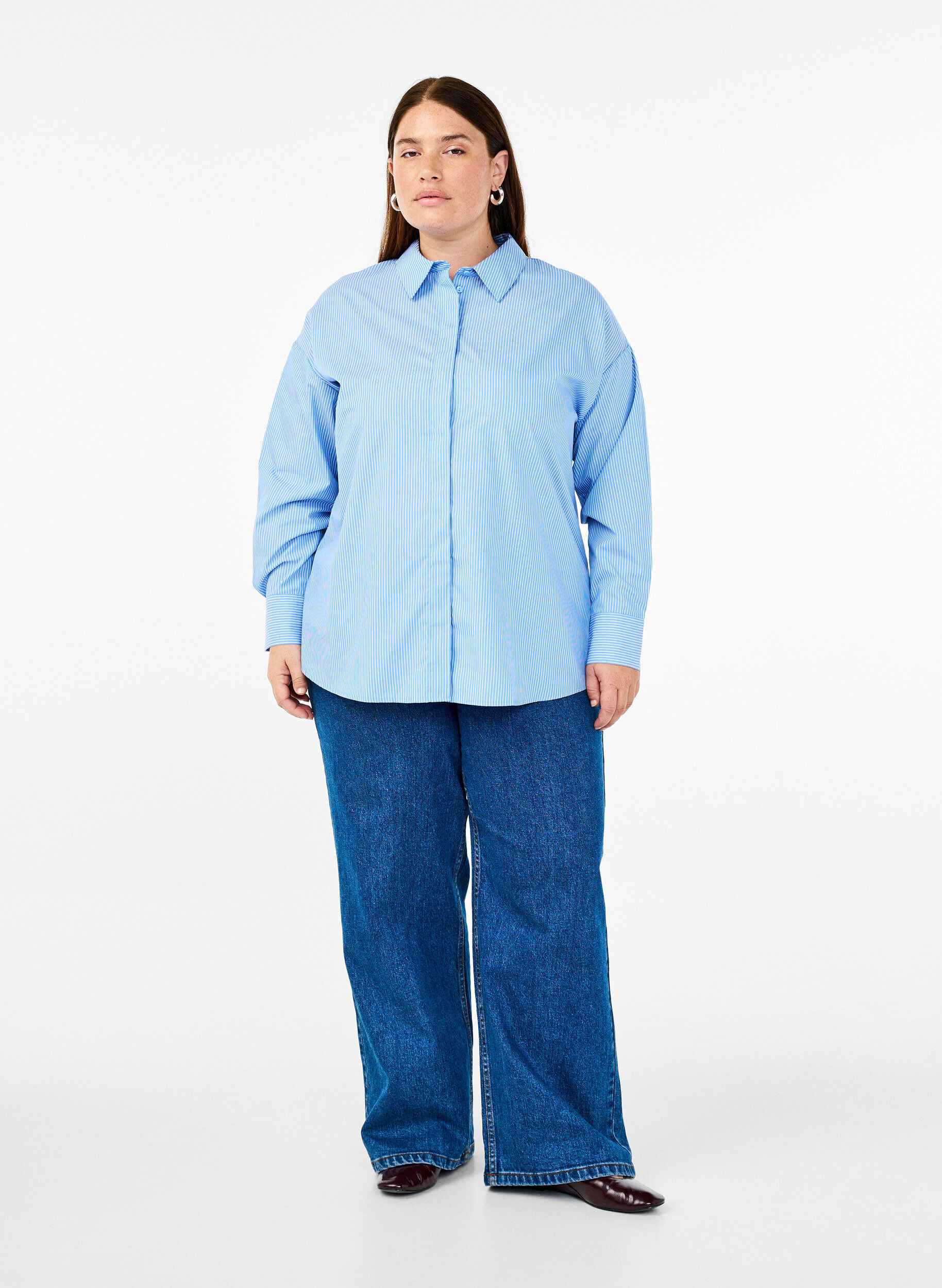 Zizzi Losse shirt met lange mouwen en strepen, Blauw, Model image number 1