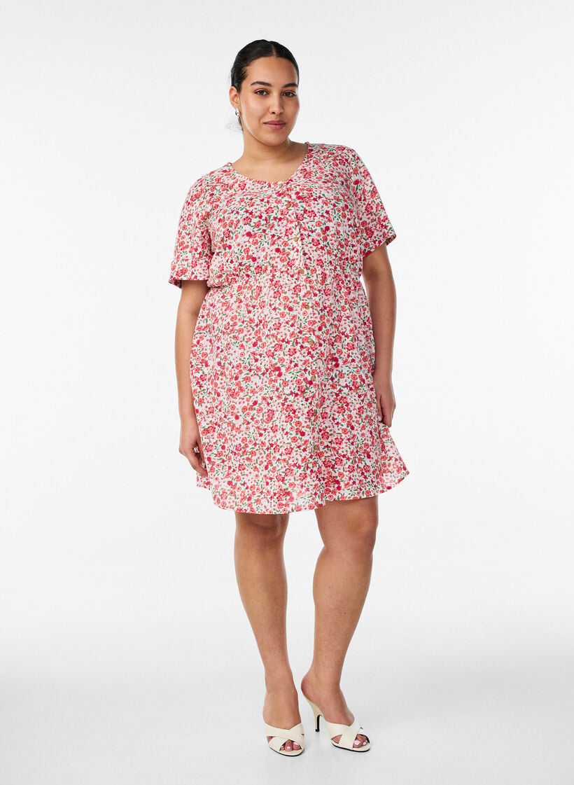 Korte katoenen jurk met bloemenprint, Rood, Model image number 1