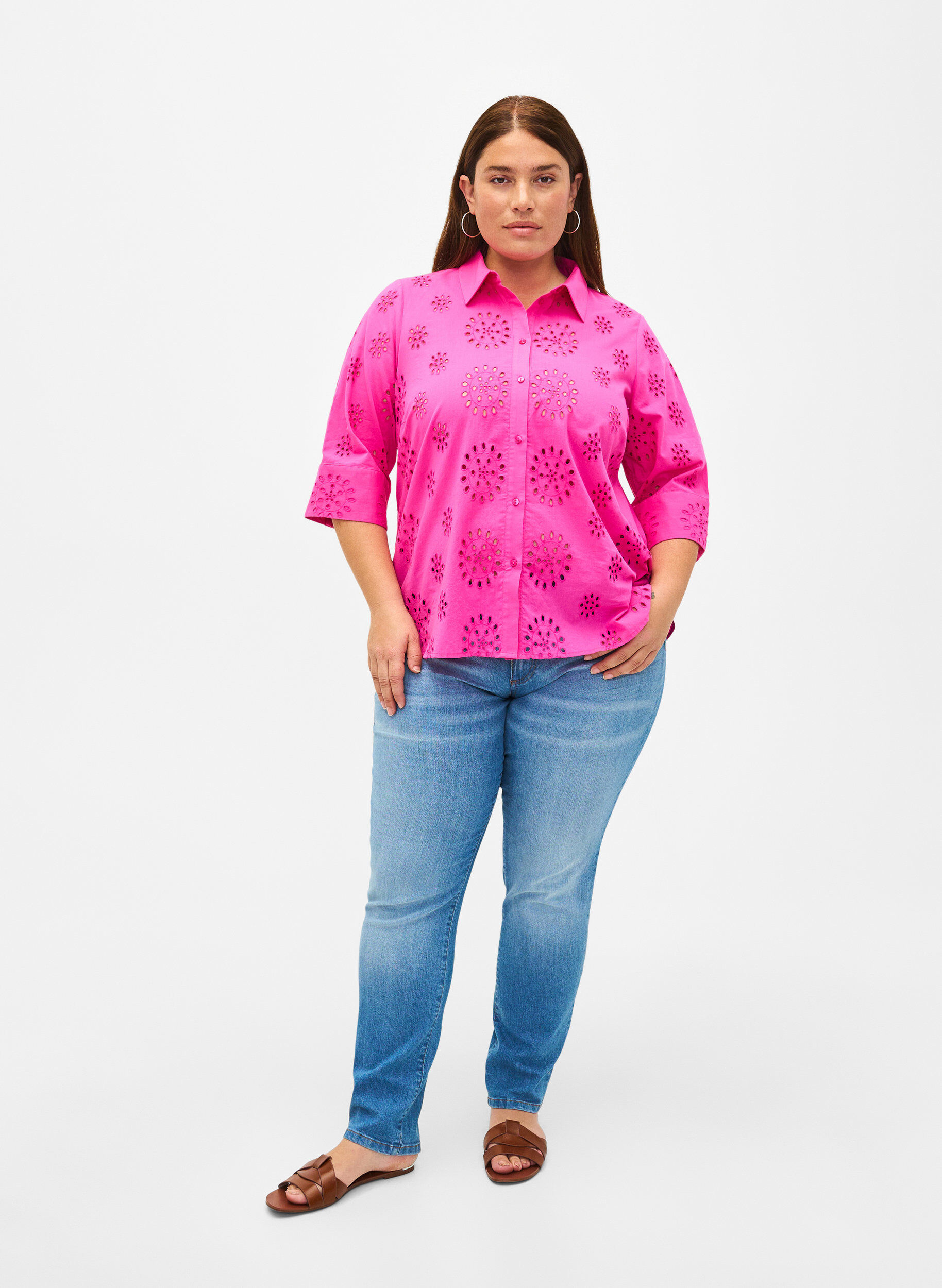 Zizzi Shirtblouse met Engels borduurwerk en 3/4-mouwen, Raspberry Rose, Model image number 2