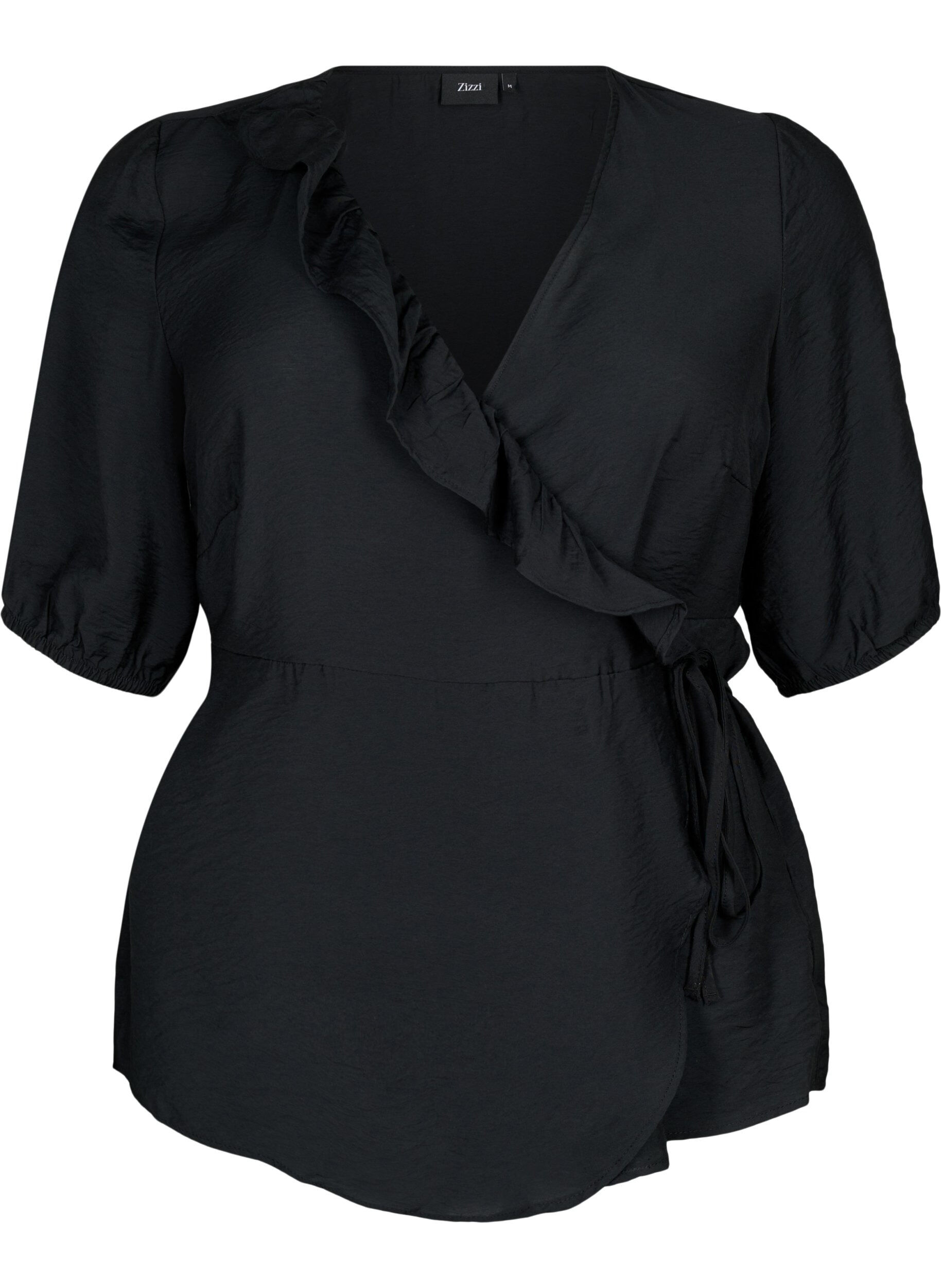 Zizzi Wikkelblouse van Viscose met korte mouw, Black, Packshot image number 0