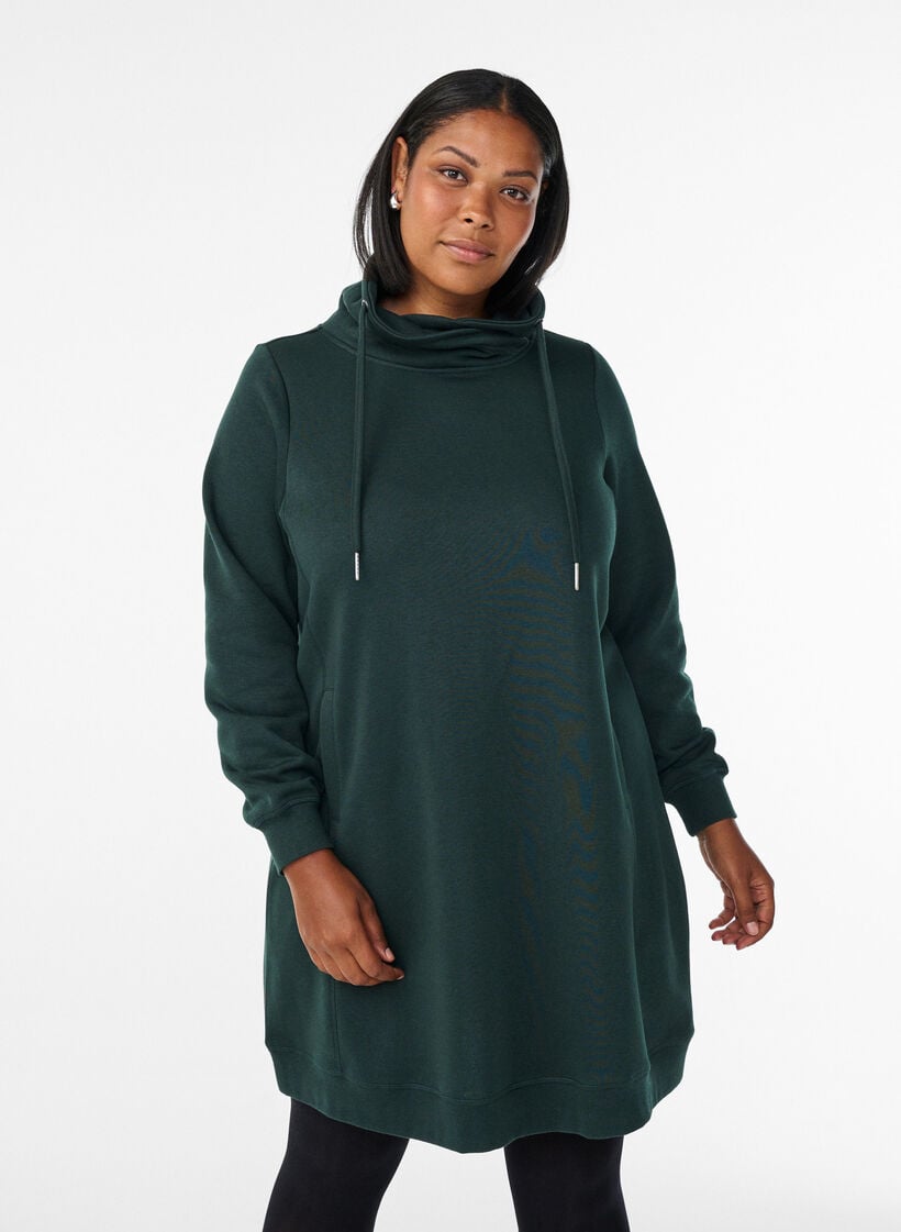 FLASH - Kort sweatshirt jurk met hoge kraag en zakken, Groen, Model image number 0