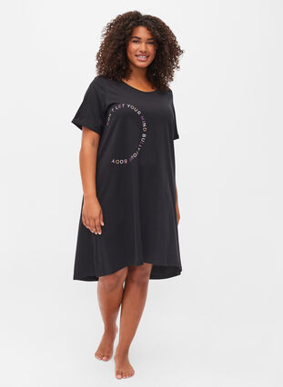 Katoenen nachthemd met korte mouwen en print, Black W. Don't, Model image number 2