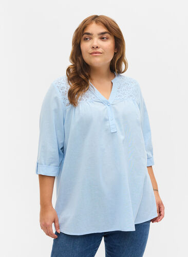 Katoenen blouse met kanten details, Chambray Blue, Model image number 0