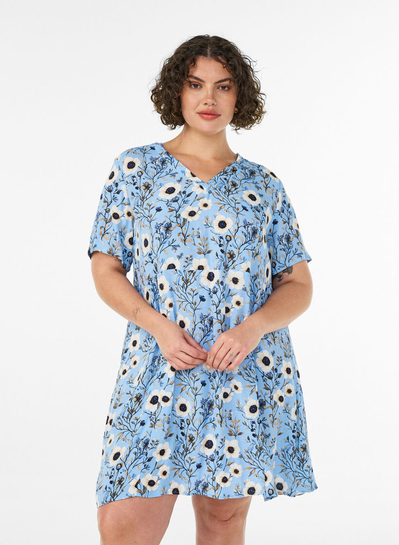 Korte jurk met bloemenprint, Blauw, Model image number 0