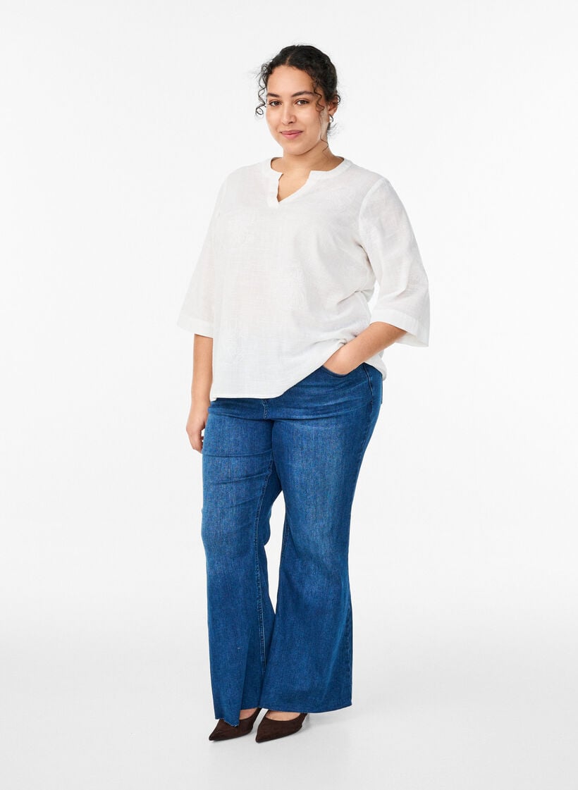 Katoenen blouse met geborduurde details en 3/4 mouwen, Wit, Model image number 1