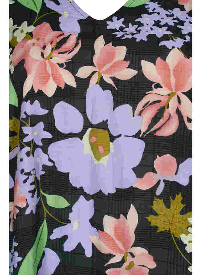 Gebloemde viscose midi-jurk met 3/4-mouwen, Purple Green Flower, Packshot image number 2