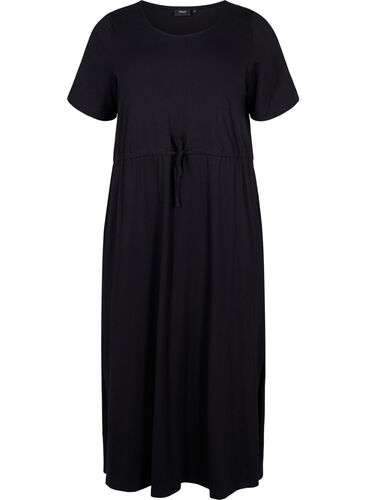 Katoenen midi-jurk met korte mouwen, Black Solid, Packshot image number 0