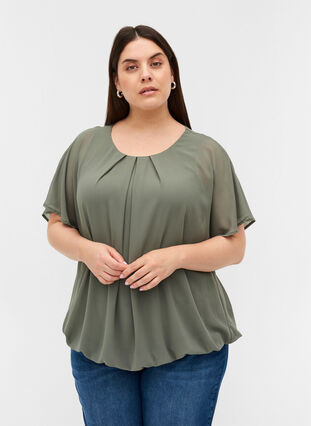 Korte blouse met losse mesh mouwen, Agave Green, Model image number 0