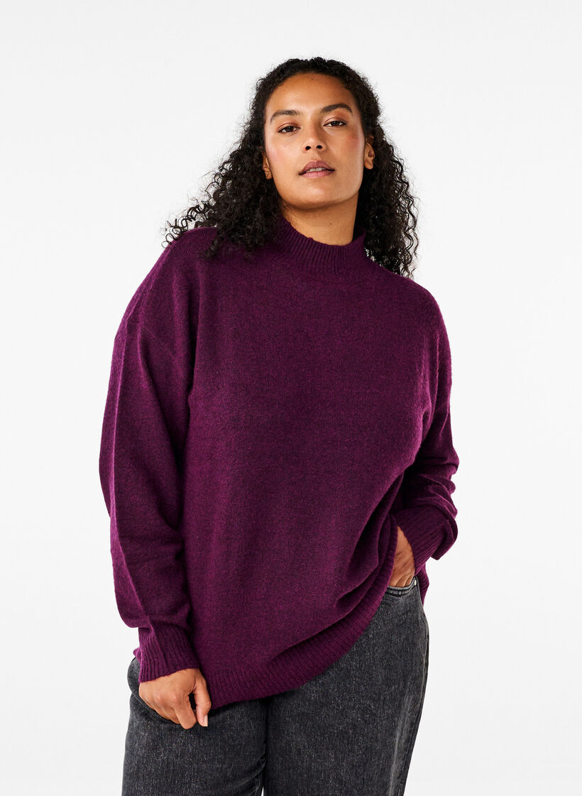 Gebreide wollen blouse met hoge hals, Potent Purple Mel., Model image number 0