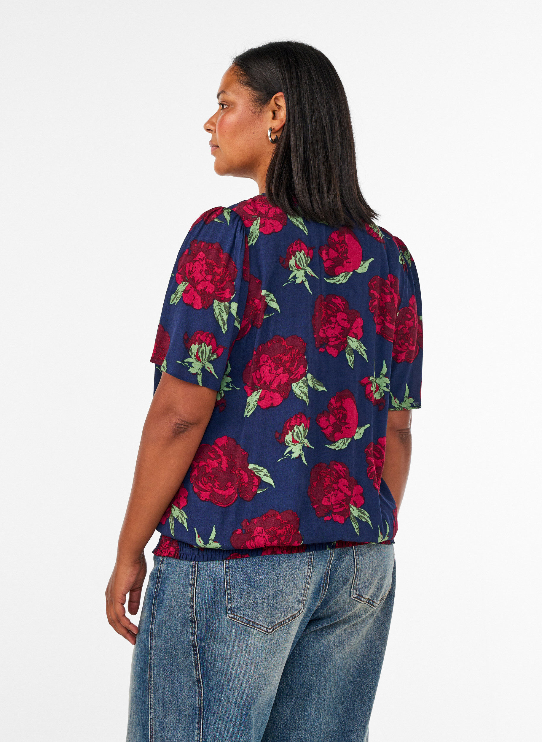 ZizziViscose blouse met bloemenprint en ballonvorm, Blauw, Model image number 2