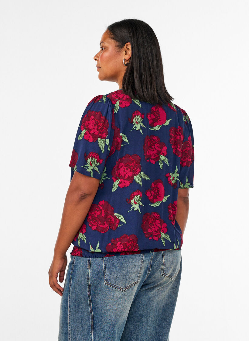 Viscose blouse met bloemenprint en ballonvorm, Blauw, Model image number 2