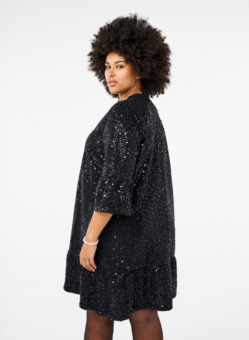 Paillettenjurk met V-hals en 3/4 mouwen, Black w. Bl. Sequins, Model image number 1