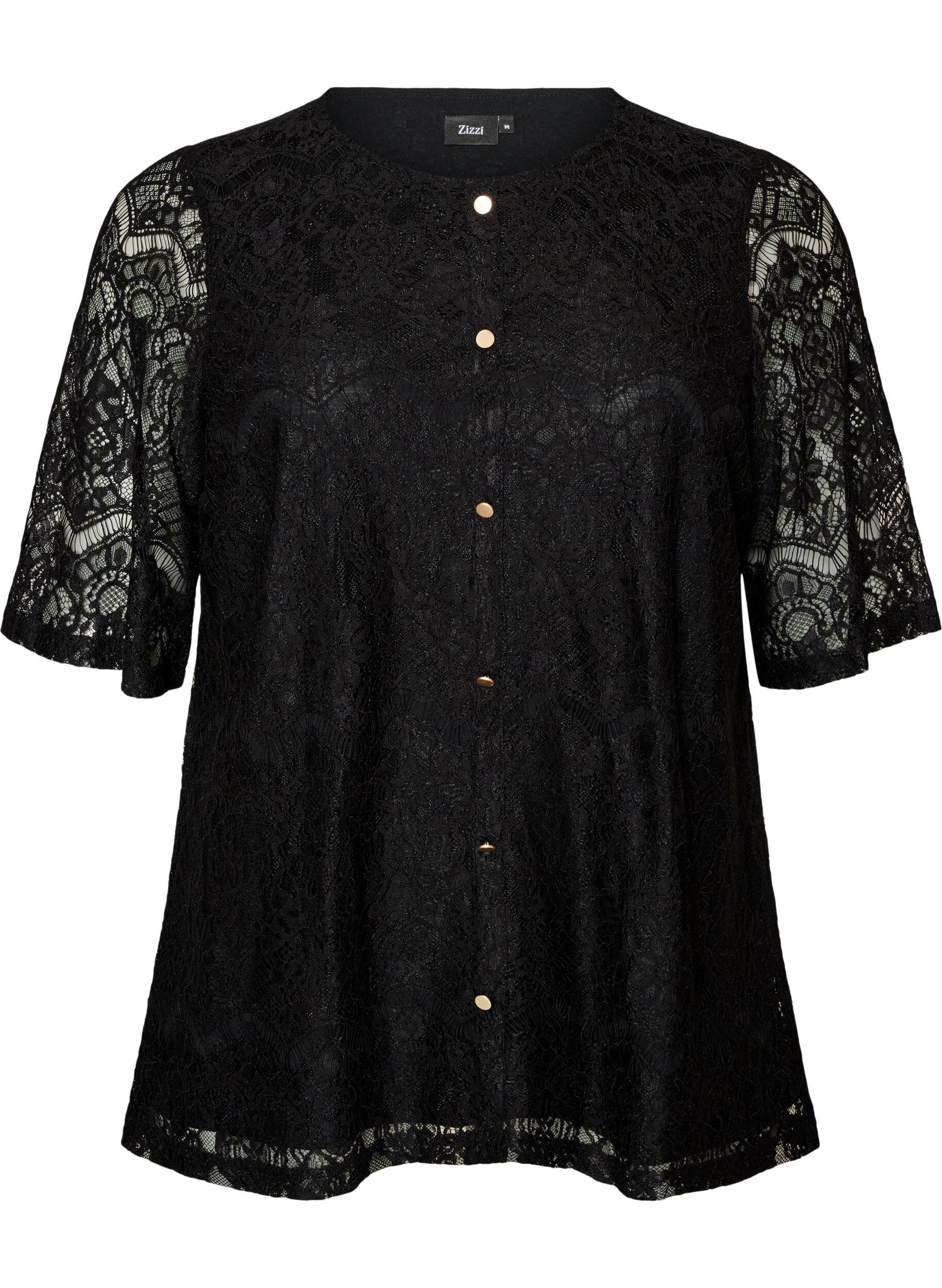 ZizziKanten blouse met decoratieve knopen, Zwart, Packshot image number 0