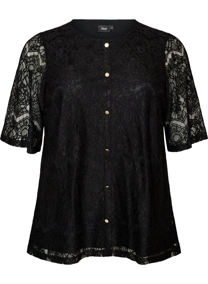 Kanten blouse met decoratieve knopen, Zwart, Packshot image number 0