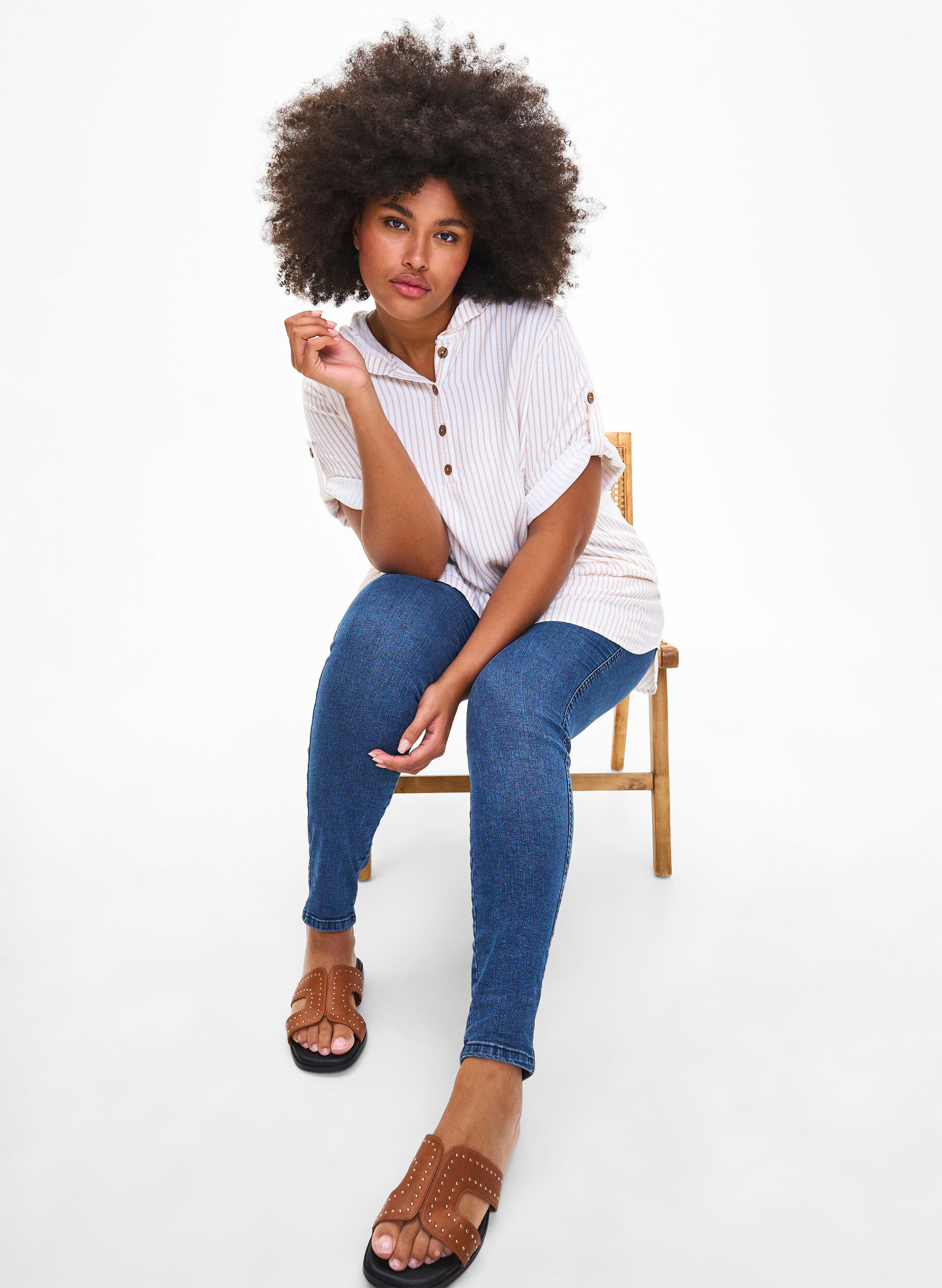 Zizzi Tuniek van viscose met korte mouwen en capuchon, White Natural Stripe, Image image number 0