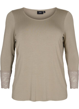 Viscose blouse met lange mouwen en kantdetails, Laurel Oak, Packshot image number 0