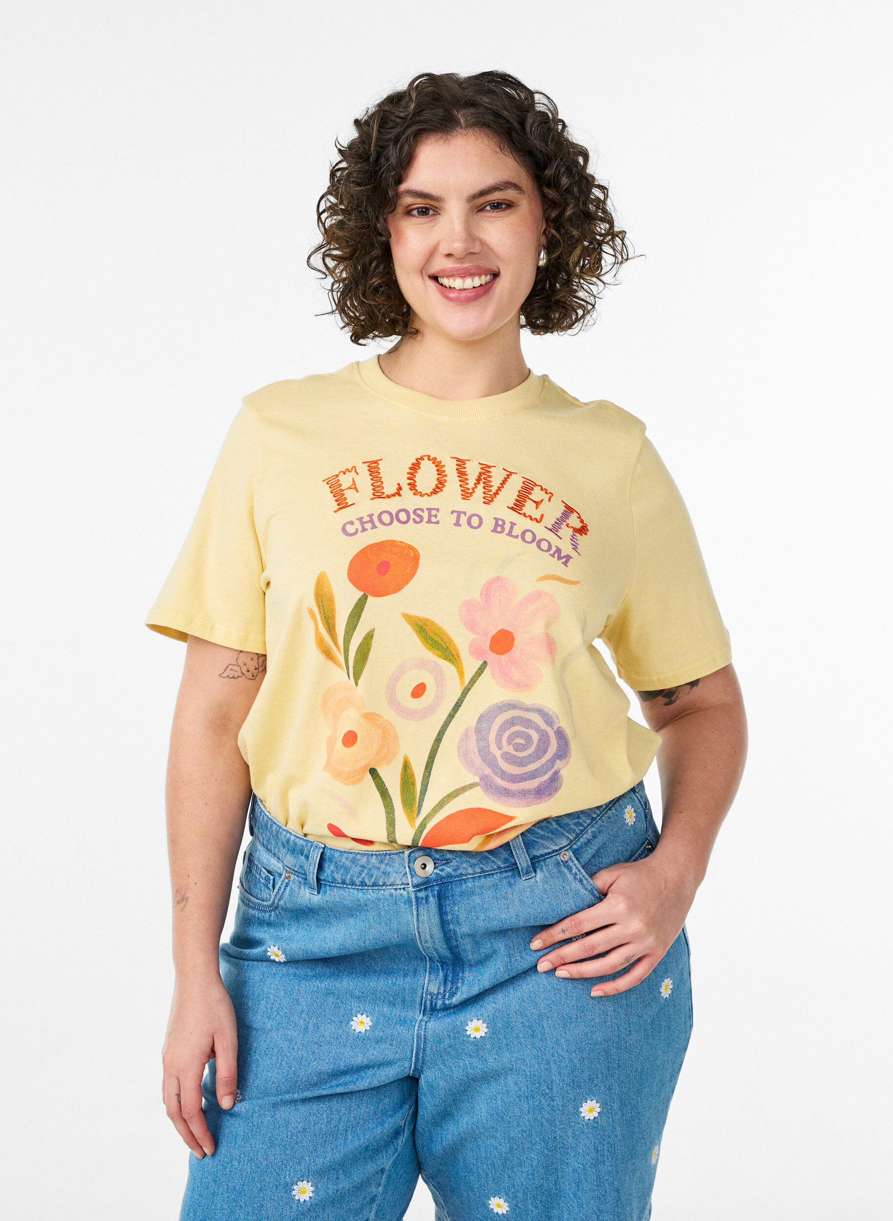 Katoenen T-shirt met print, Geel, Model