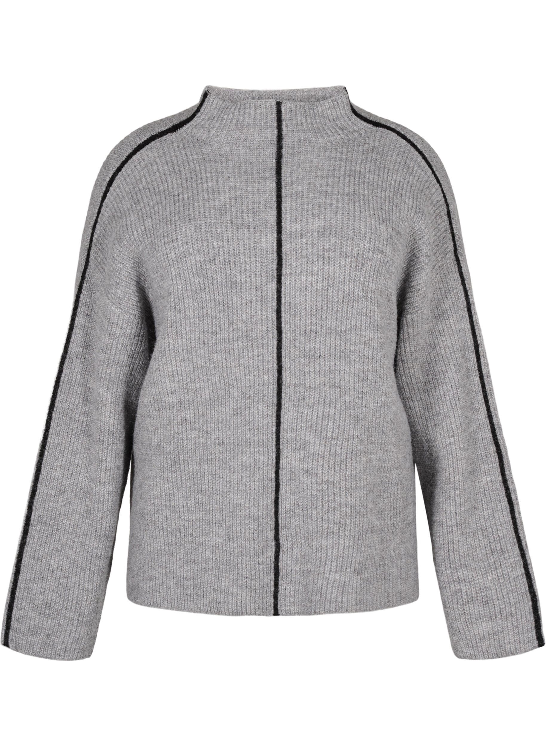 Zizzi Gebreide blouse met wol en contrasterende strepen, Medium Grey Melange, Packshot image number 0