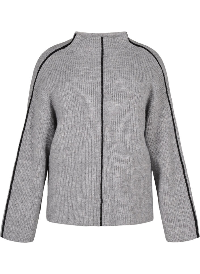 Gebreide blouse met wol en contrasterende strepen, Medium Grey Melange, Packshot image number 0