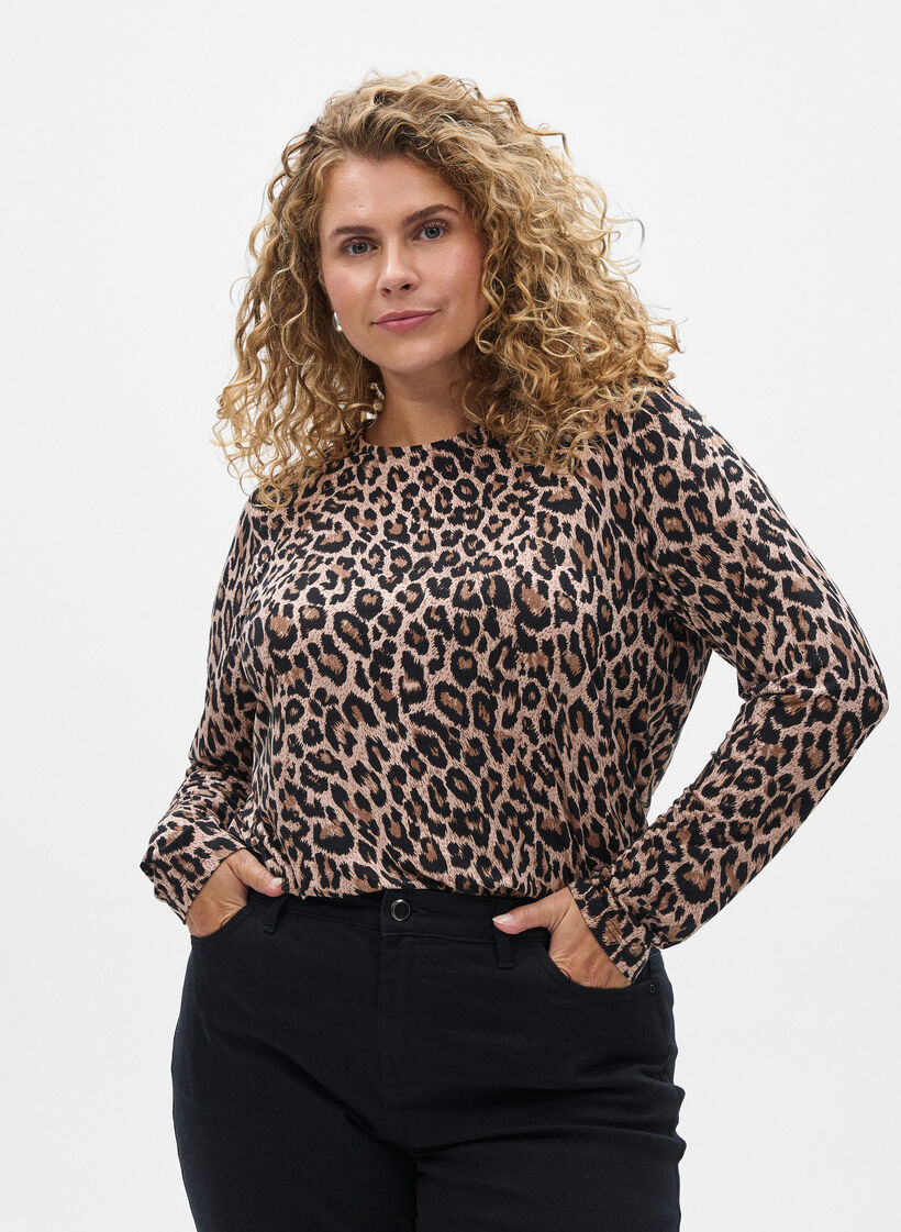 Blouse met lange mouwen en luipaardprint, Bruin, Model image number 0