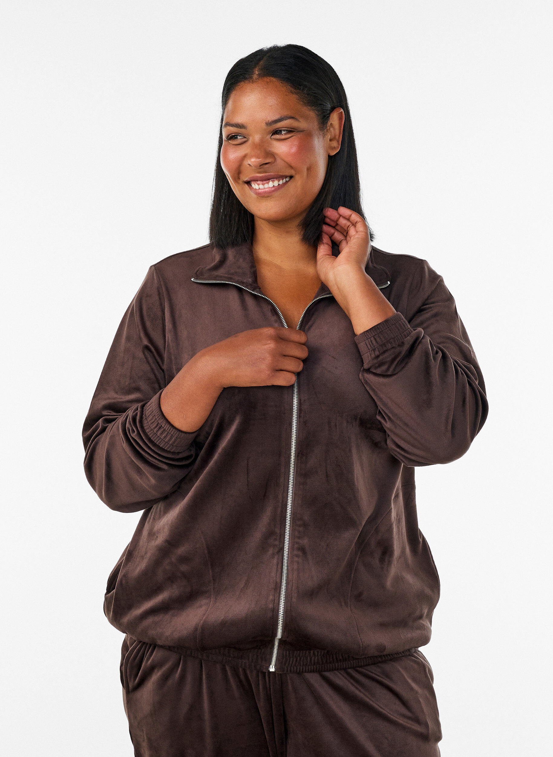 ZizziZachte velours cardigan met rits en hoge kraag, Bruin, Model image number 0
