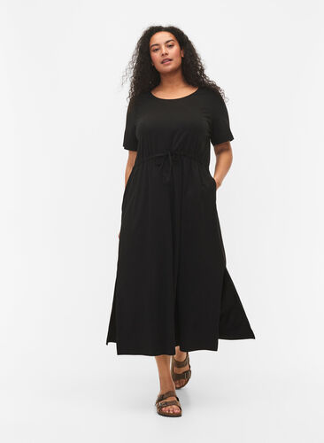 Katoenen midi-jurk met korte mouwen, Black Solid, Model image number 0