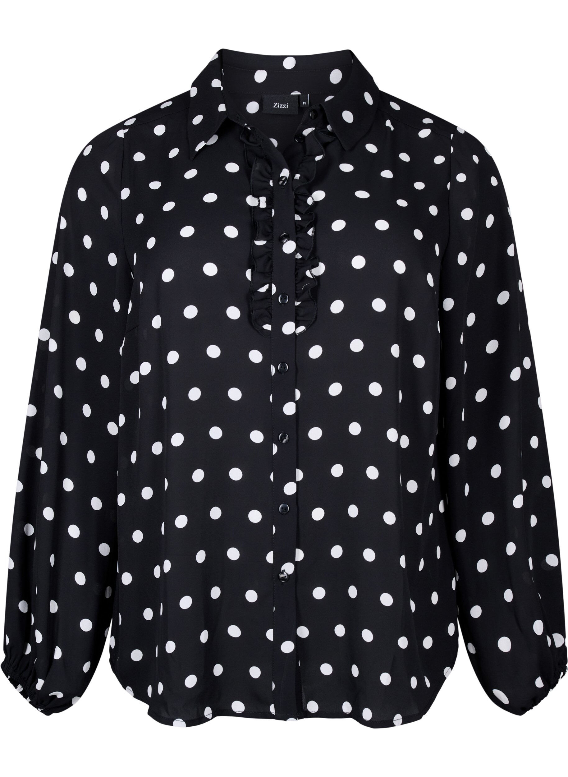 Zizzi Gestippeld shirt met ruches, Black W. White Dot, Packshot image number 0