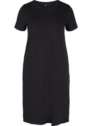 Katoenen jurk met korte mouwen en split, Black, Packshot image number 0