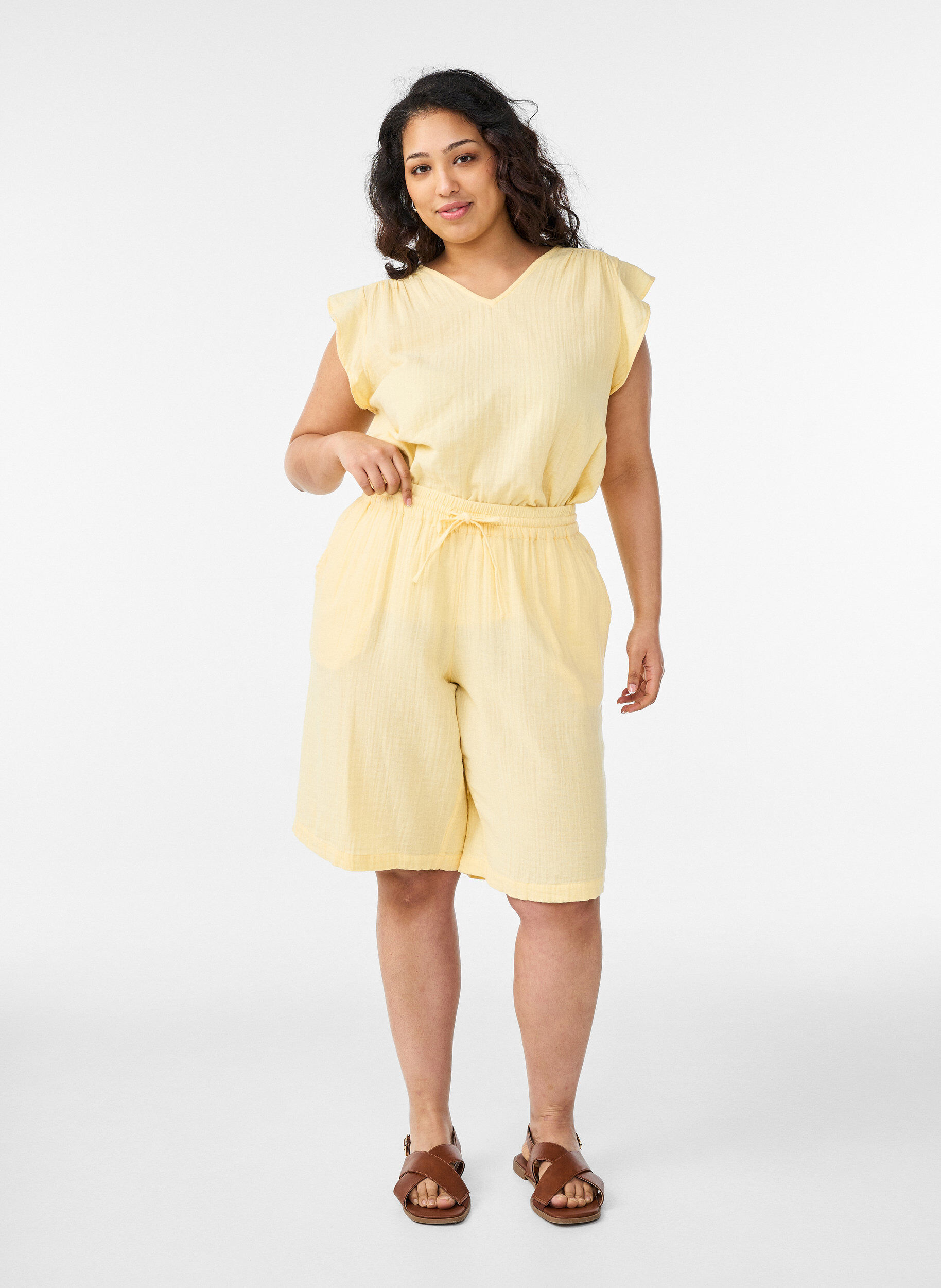 ZizziLos katoenen mousseline shorts met een hoge taille, Geel, Model image number 1