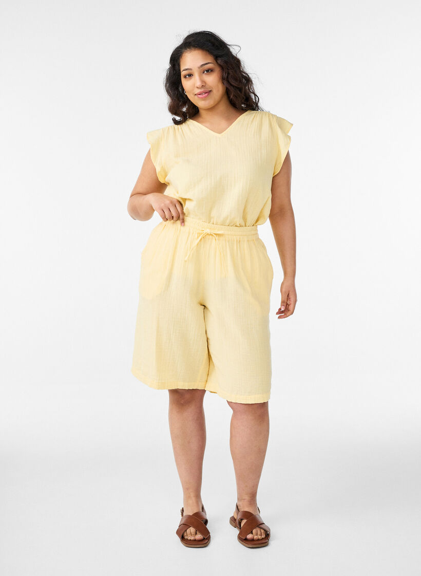 Los katoenen mousseline shorts met een hoge taille, Geel, Model image number 1